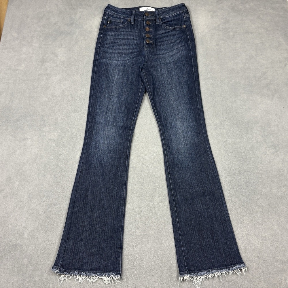 KanCan High Rise Button Fly Flare Jeans‎ Size 27 Dark Wash Raw Hem Stretch - Picture 2 of 10